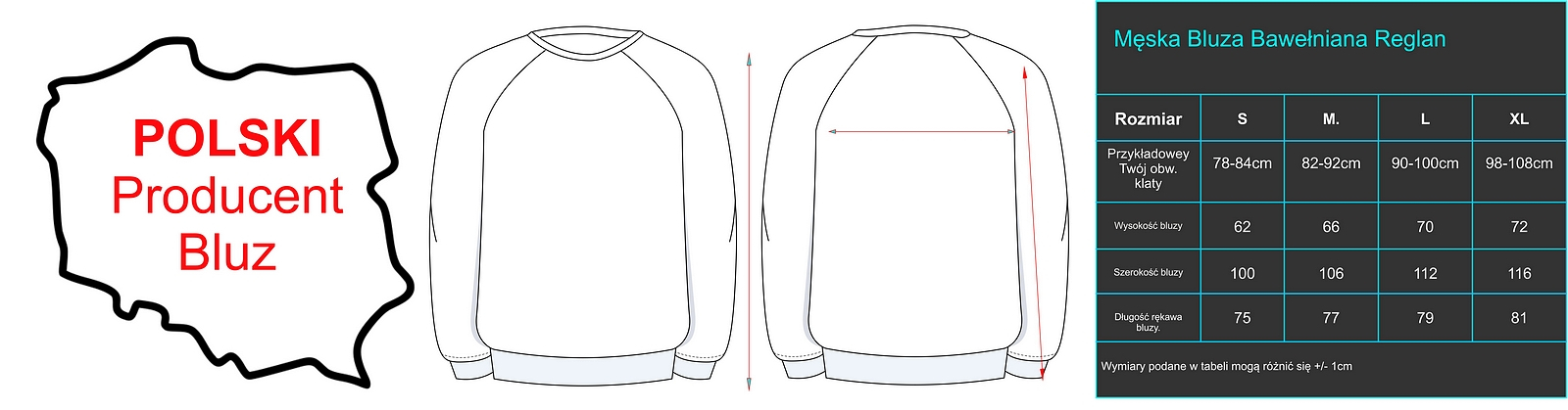 Bluza klasyczna reglan tabela rozmiarów