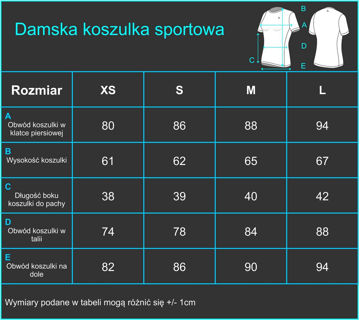 Tabela rozmiarów koszulek sportowych prtopdukcja odzieży sportowej